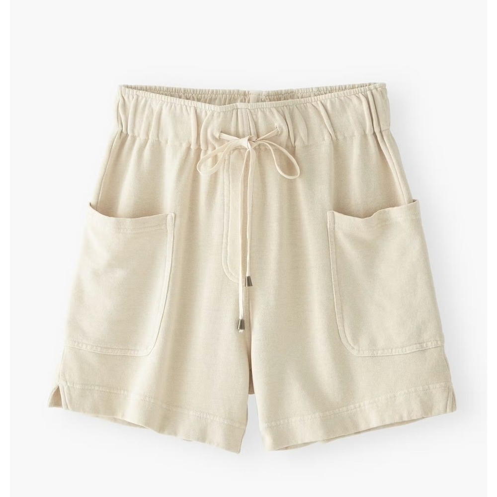 New Wrap London Hemp Organic Cotton Drawstring Shorts Cream ZA37 US 8 Resortwear